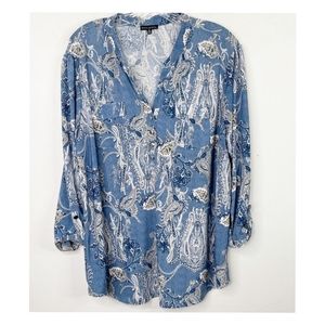 AVA & GRACE | Blue Paisley Floral Print Top Blouse Sz. 3X Roll Tab Sleeve EUC
